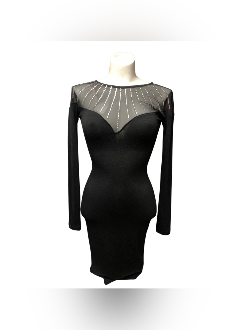 Mix Virage Elegant Black Mesh-Yoke Long Sleeve Bodycon Dress Size M